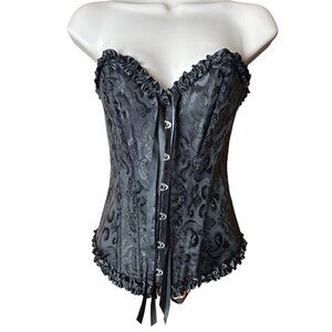 Vintage Pin Up Black Jacquard Floral Lace Up Boned Frilly Corset Bustier Top S